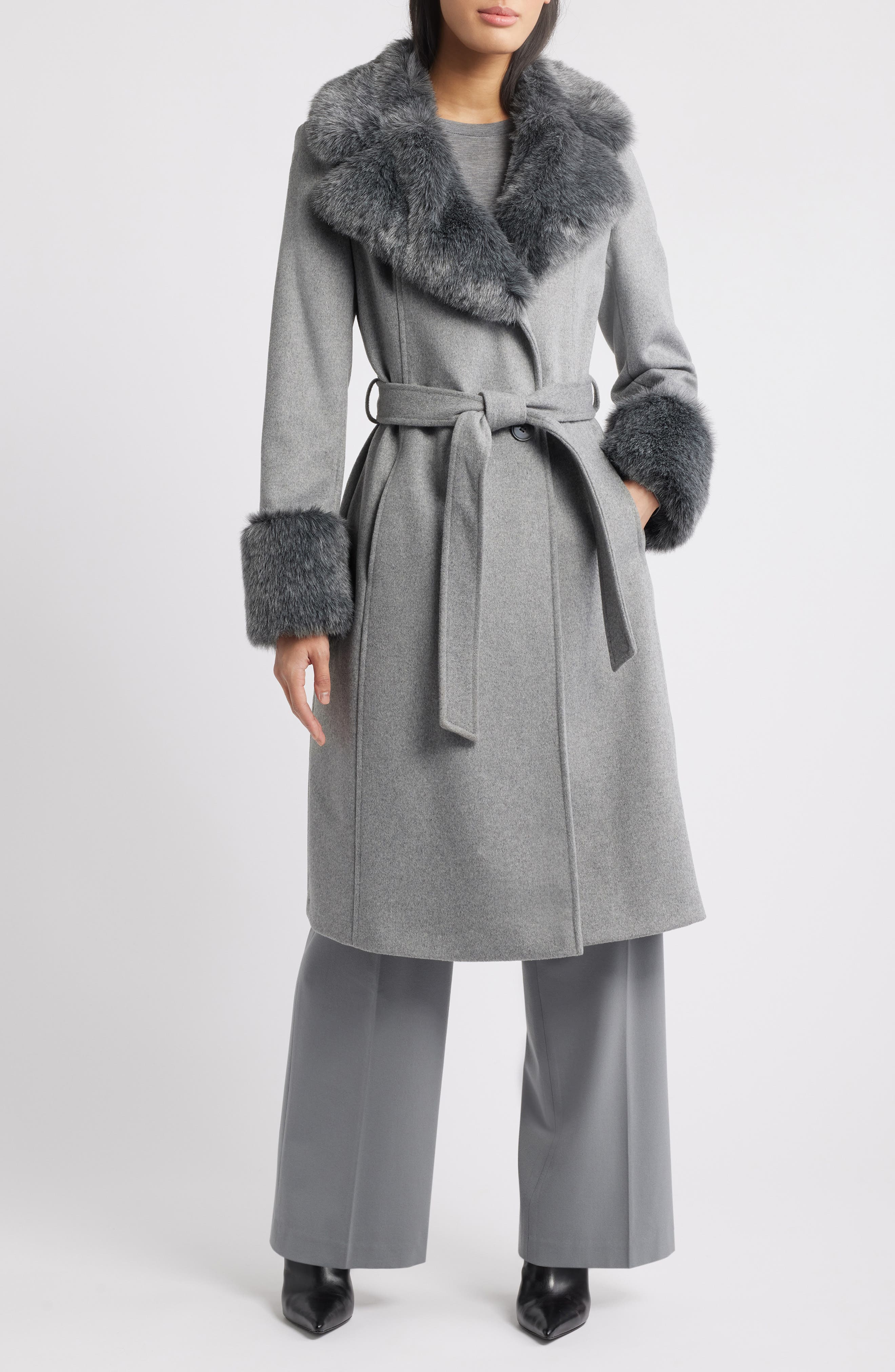 Via Spiga Wool Blend Belted Coat with Faux Fur Trim | Nordstrom