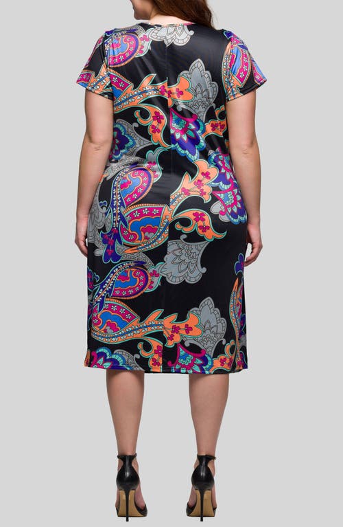 24seven Comfort Apparel Plus Size Knee Length Short Sleeve Faux Wrap Dress In Black Multi