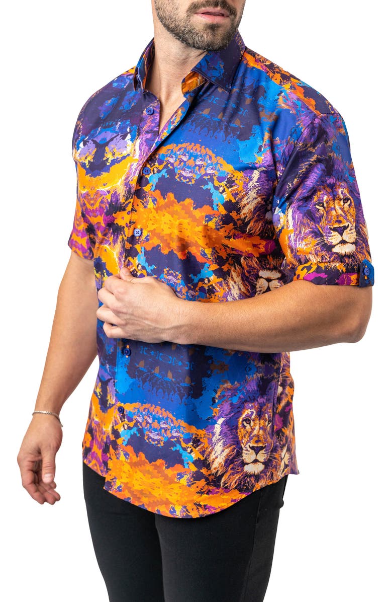 Maceoo Galileo Earthlion 94 Multi Contemporary Fit Short Sleeve Button-Up Shirt, Alternate, color, Blue