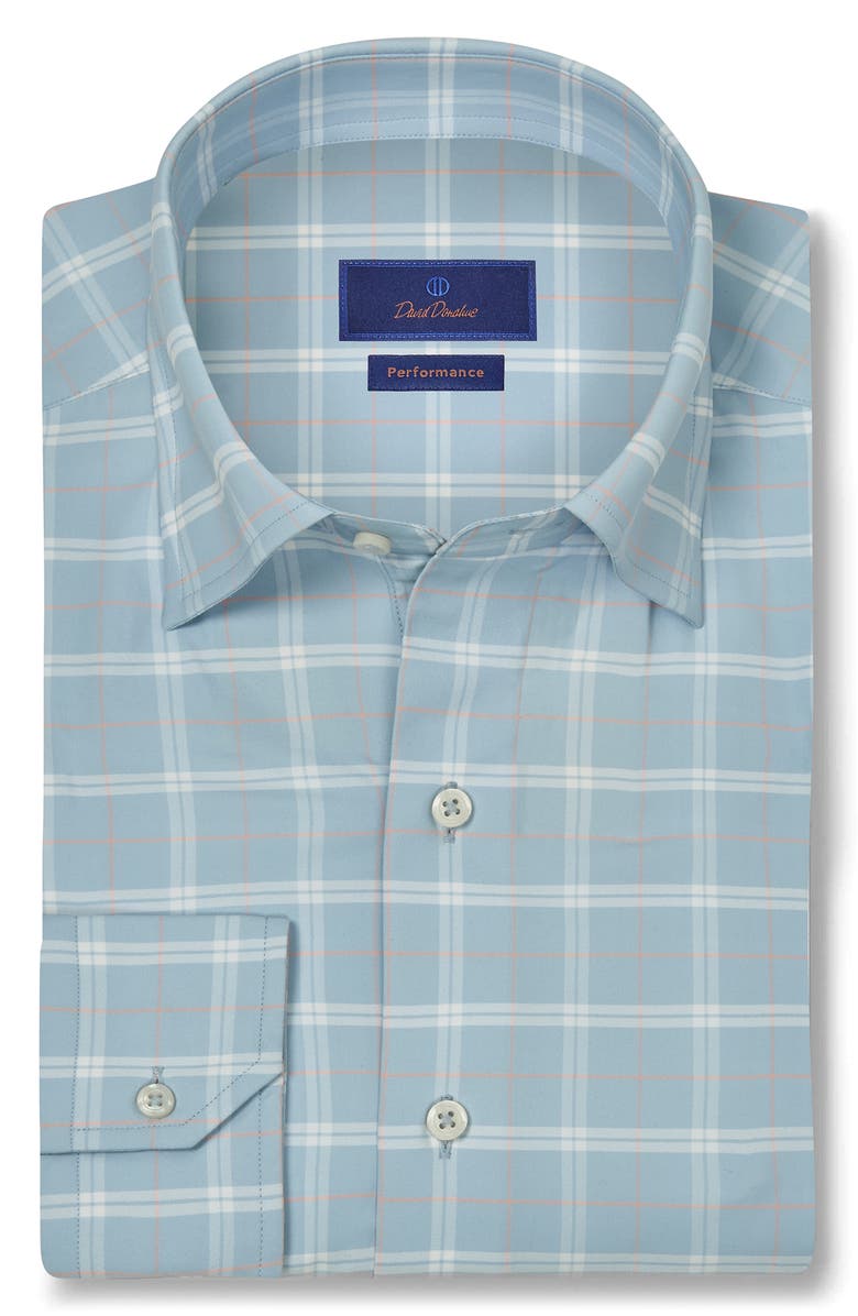 David Donahue Plaid Print Performance Sport Shirt, Main, color, Blue/ Multi