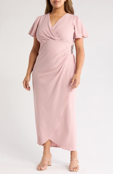 Sparkle Crystal Embellished Faux Wrap Gown (Plus)