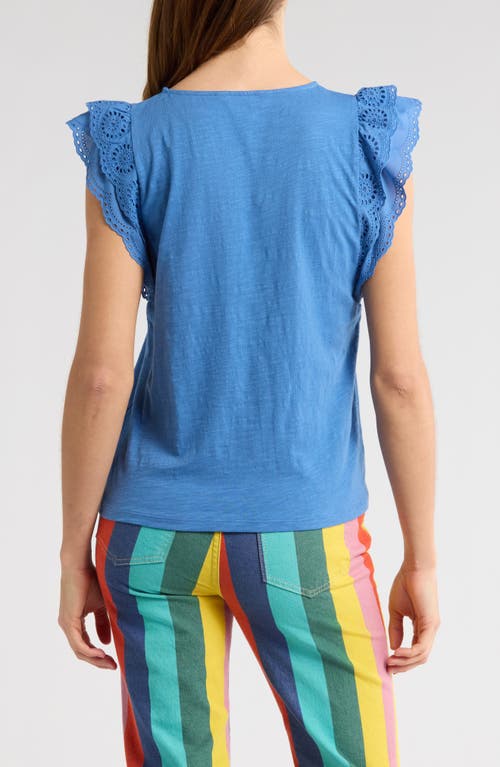 Shop Boden Eyelet Embroidered Flutter Sleeve Cotton Top In Blue