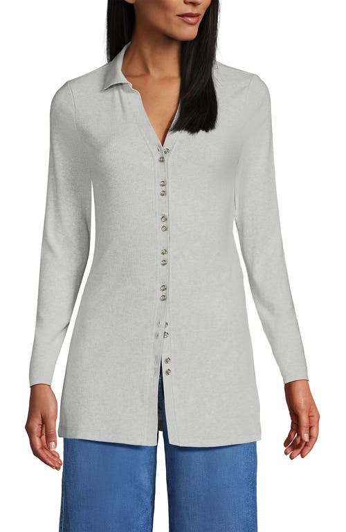 Lands' End Long Sleeve Polished Rib Button Through Tunic Shirt In Soft Light Gray Heather