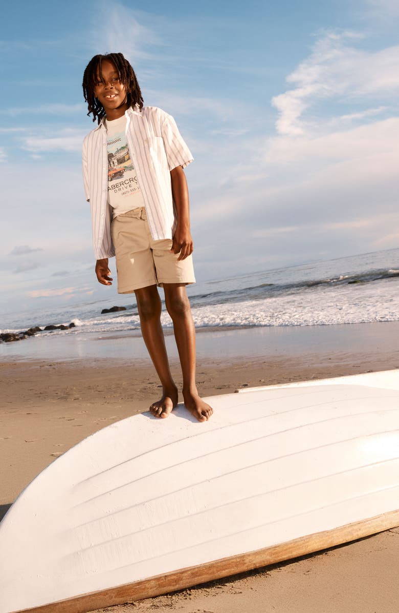 abercrombie kids Kids' Oversize Icon Stripe Short Sleeve Cotton Button-Up Shirt, Alternate, color, Blue Fog