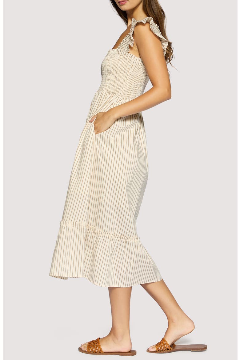 Lido Affair Stripe Smocked Tiered Midi Dress, Alternate, color, CREAM BROWN