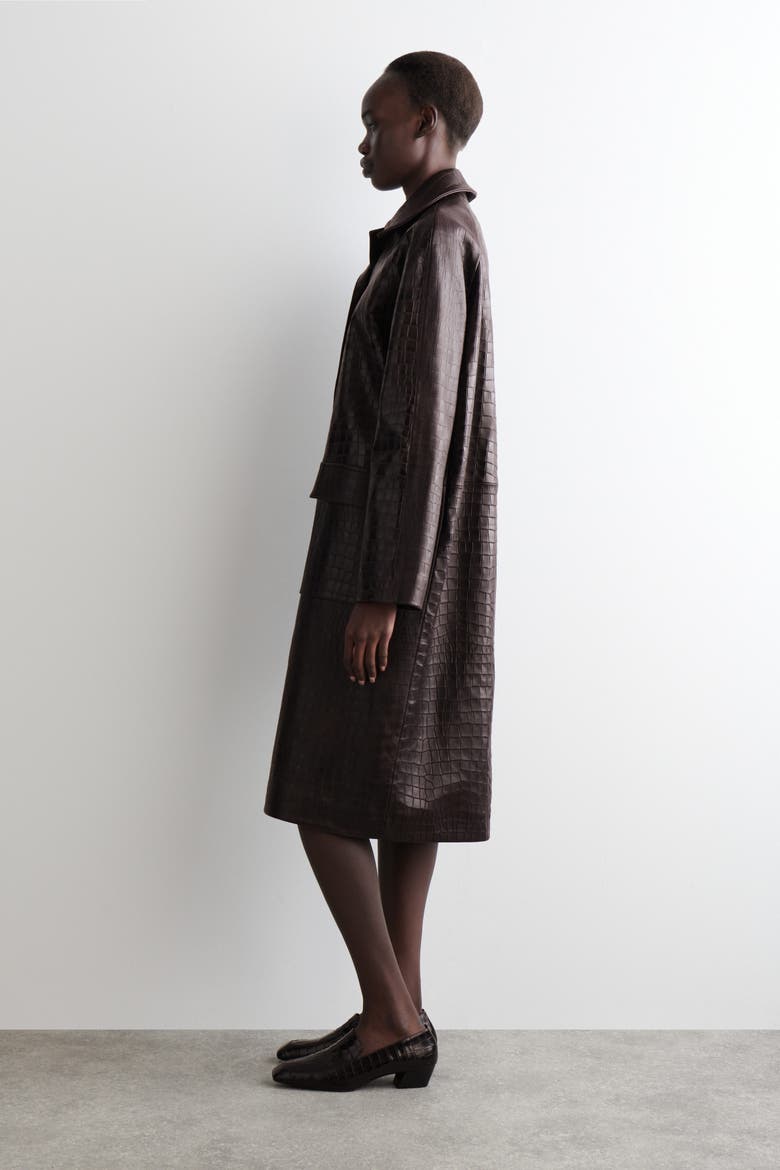 Croc-effect Leather Long Coat, Alternate, color, DARK BROWN