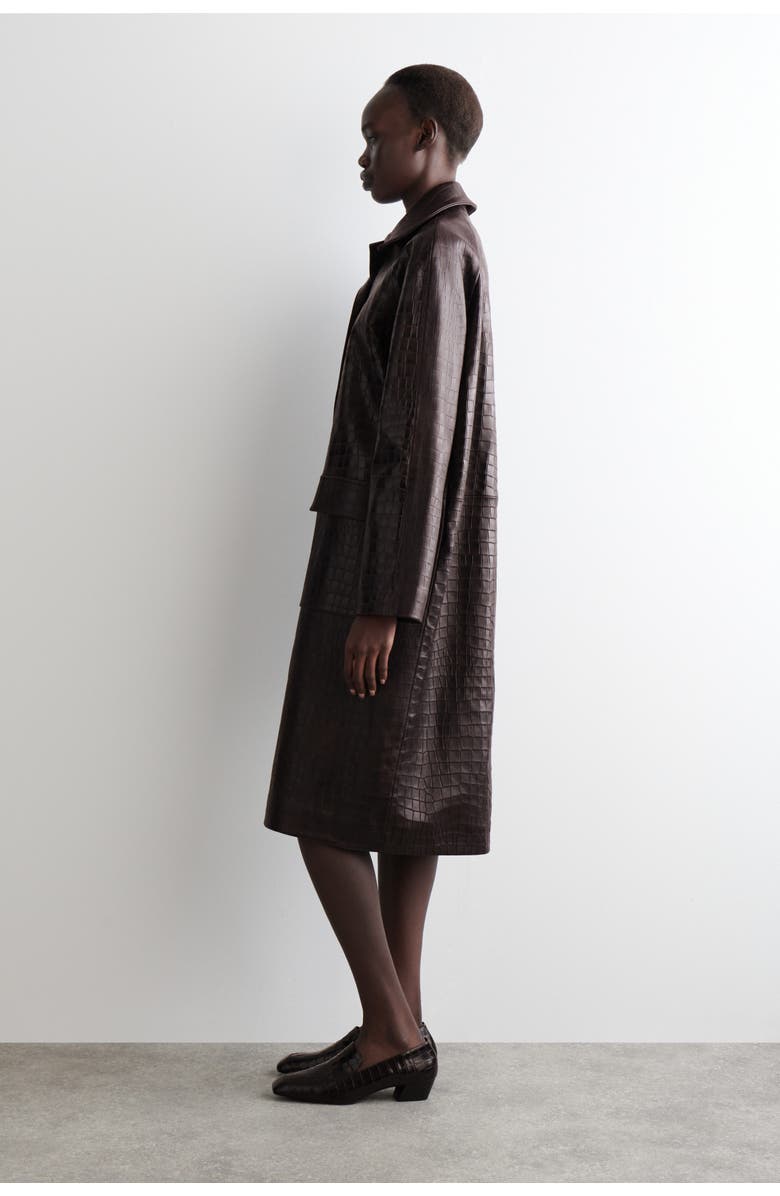 COS Croc-effect Leather Long Coat, Alternate, color, Dark Brown