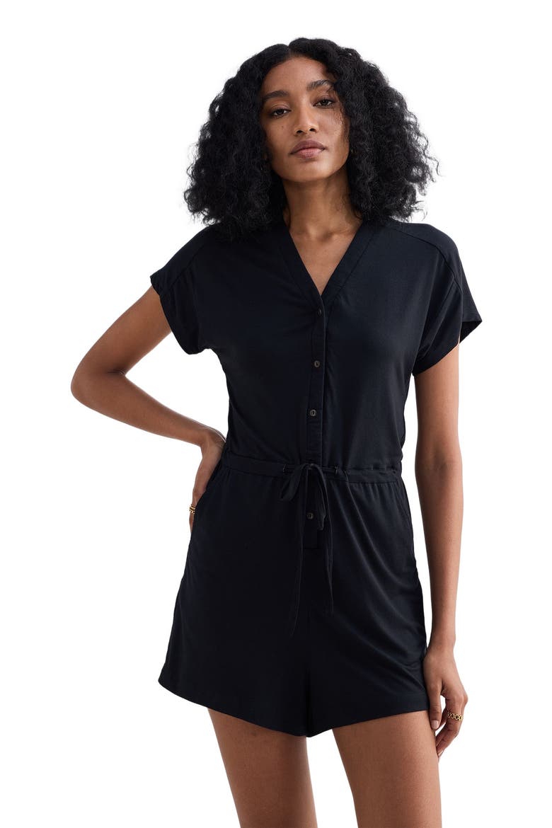 V neck Drawstring Knit Romper, Alternate, color, Black