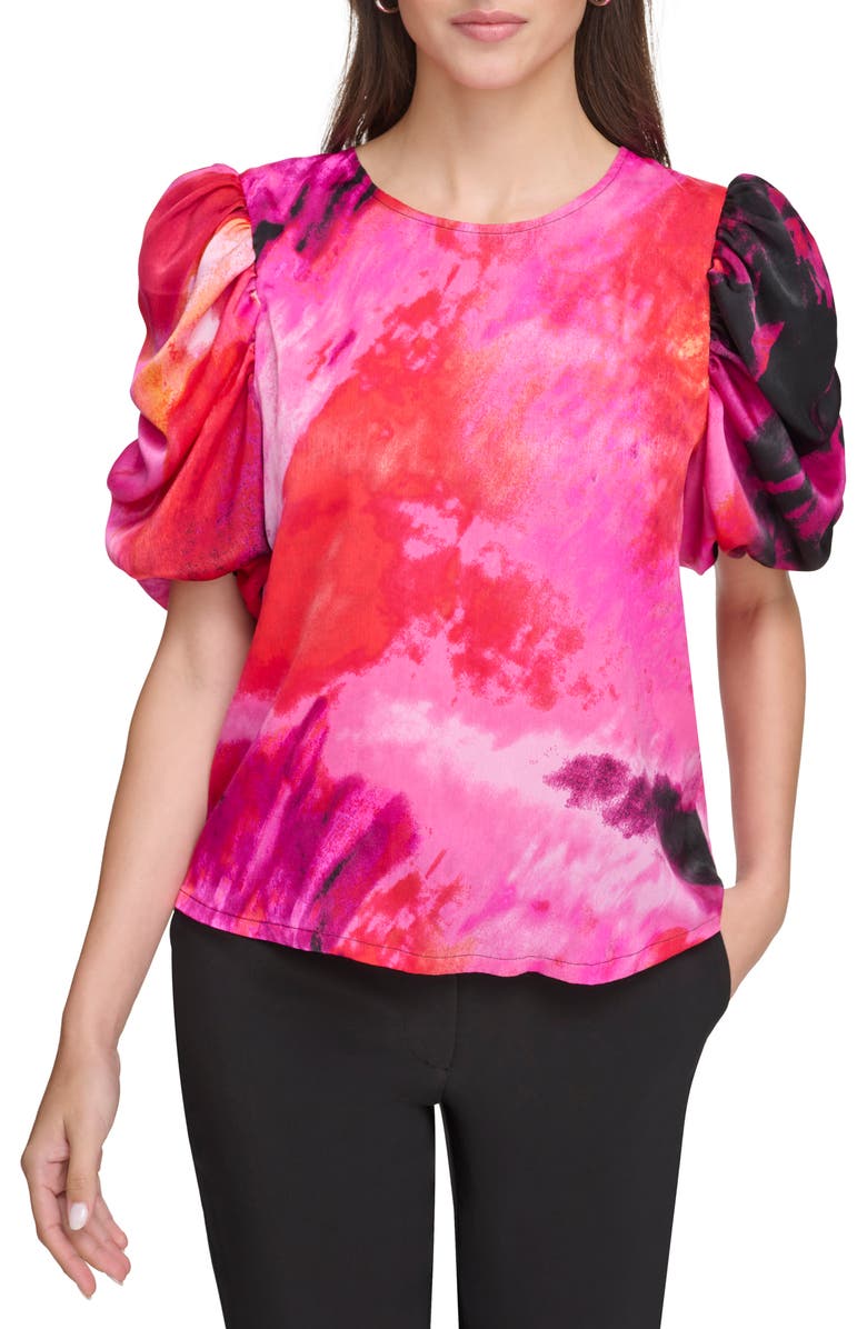 DKNY Print Puff Sleeve Satin Top, Main, color,