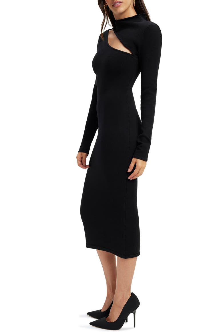 Slit Funnel Neck Long Sleeve Midi Dress, Alternate, color, BLACK001