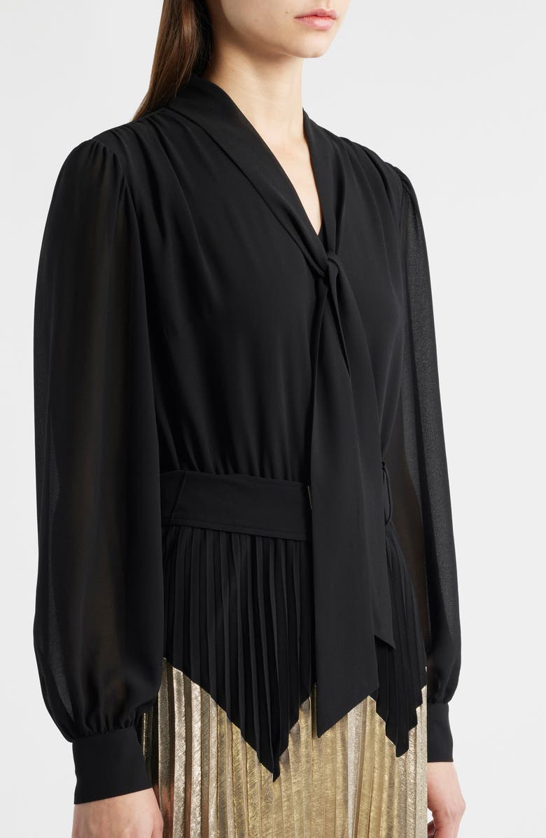 Elie Tahari The Carrie Pleated Chevron Long Sleeve Maxi Dress, Alternate, color, Noir/ Metallic Gold