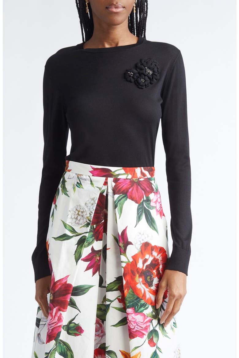 Floral Appliqué Silk Sweater, Main, color, N0000 NERO