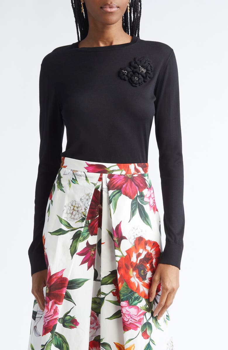 Dolce&Gabbana Floral Appliqué Silk Sweater, Main, color, N0000 Nero