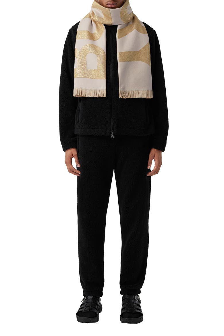 Metallic Logo Jacquard Wool Blend Football Scarf, Alternate, color, CAMEL / LIGHT BLUSH