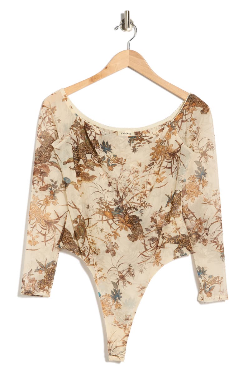L'AGENCE Peonie Off the Shoulder Bodysuit, Main, color, Ecru Multi Tapestry Jungle