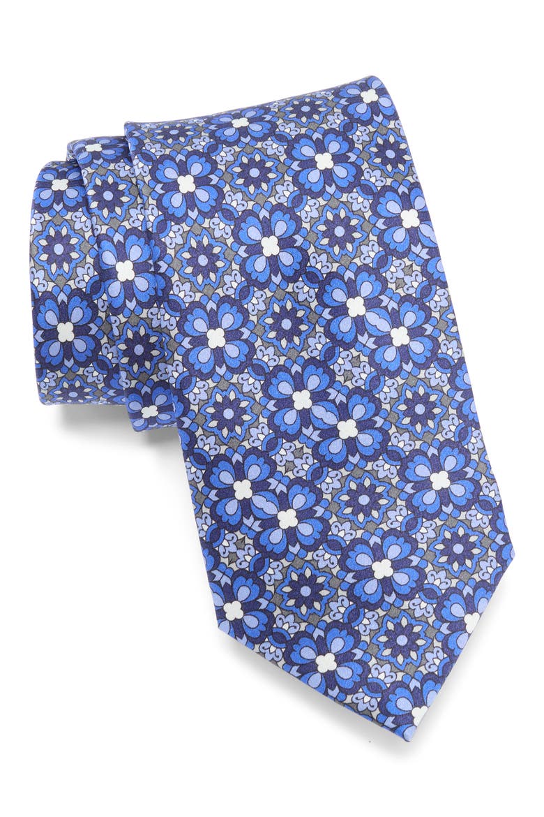 Floral Medallion Silk Tie, Main, color, NAVY
