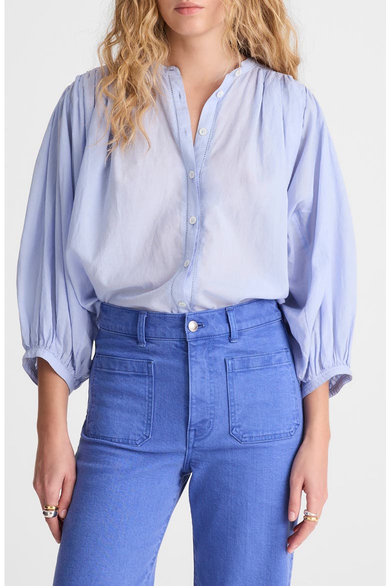 Shirred Crewneck Button-Up Top, Main, color, TRANQUIL BLUE
