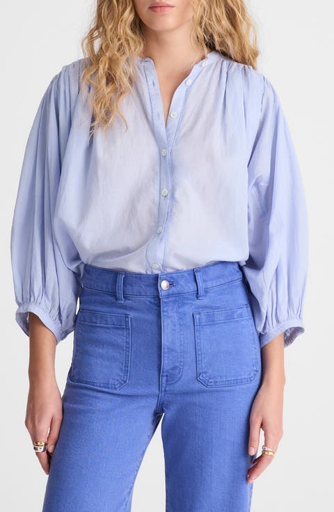 Shirred Crewneck Button-Up Top