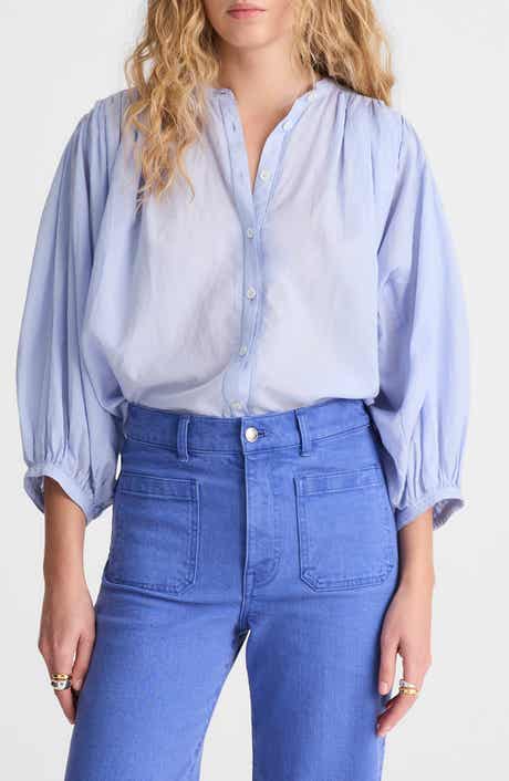 Shirred Crewneck Button-Up Top