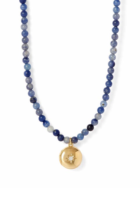 Gold Mini Biography Blue Aventurine Locket Necklace