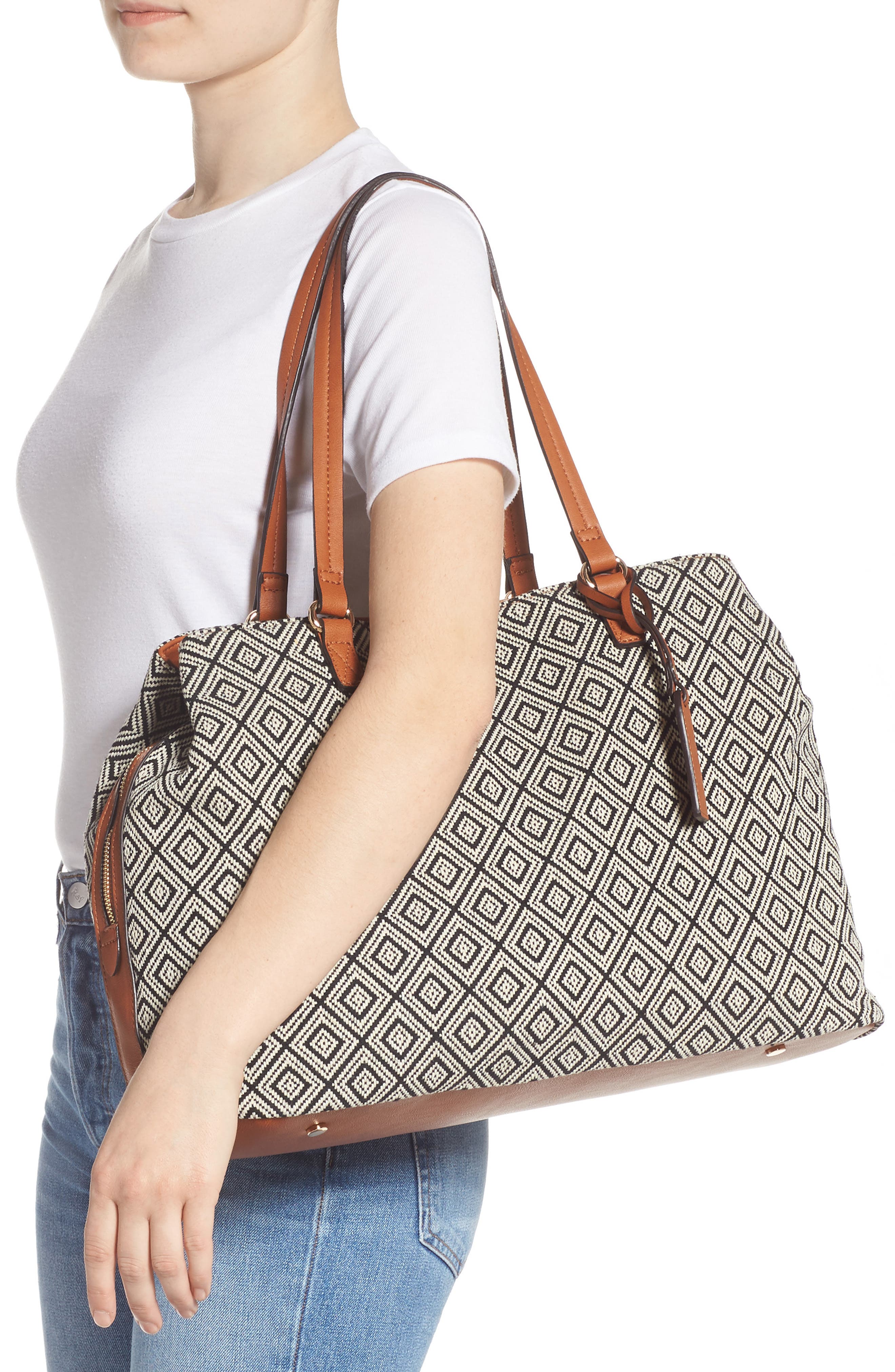 'Oversize Millie' Stripe Print Tote, Alternate, color, BLACK WHITE GEO