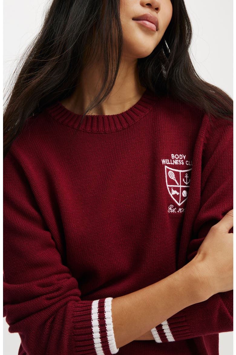 Women's Active Knitted Graphic Crew, Alternate, color, Deep Red Heritage Club