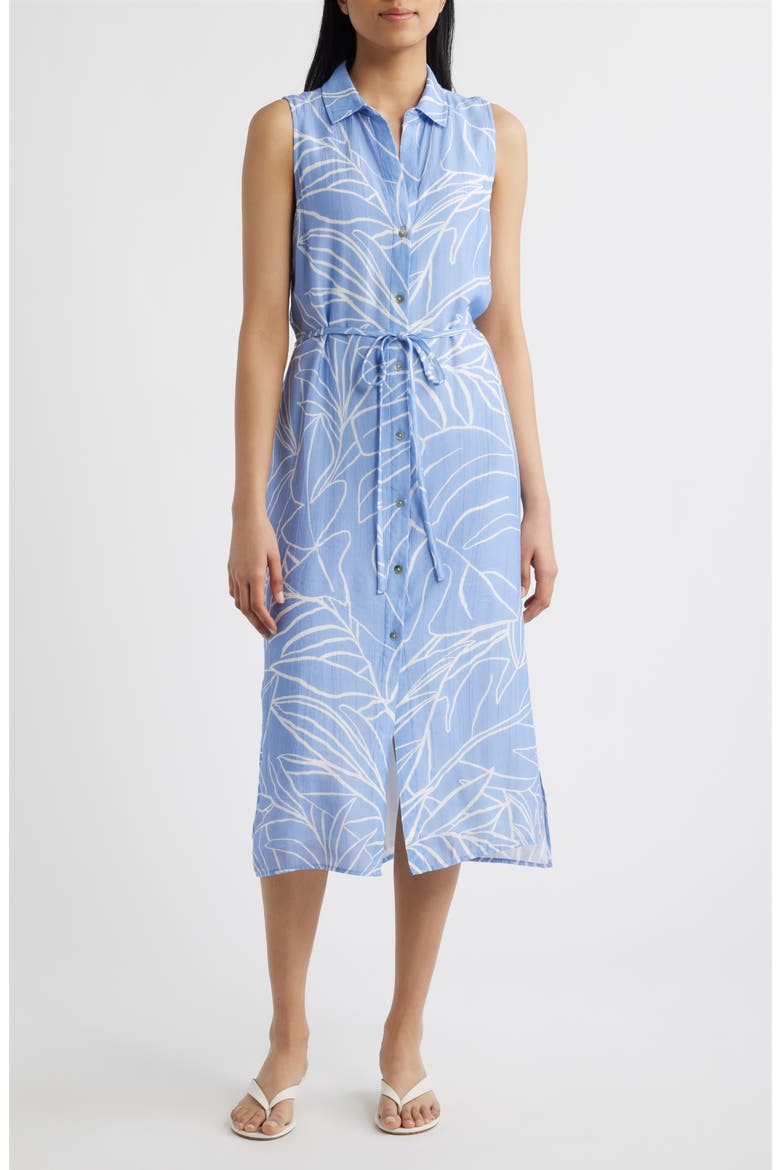 Print Tie Waist Sleeveless Midi Shirtdress, Main, color, COASTAL BLOOM