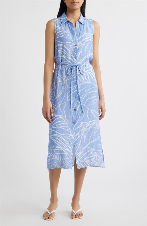 Print Tie Waist Sleeveless Midi Shirtdress