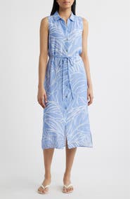Cloth & Stone Print Tie Waist Sleeveless Midi Shirtdress