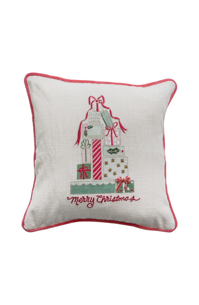 Storied Home "Merry Christmas" Square Cotton Slub Printed Pillow with Gifts, Embroidery, Piping and Velvet Back, Multicolor, Main, color, 