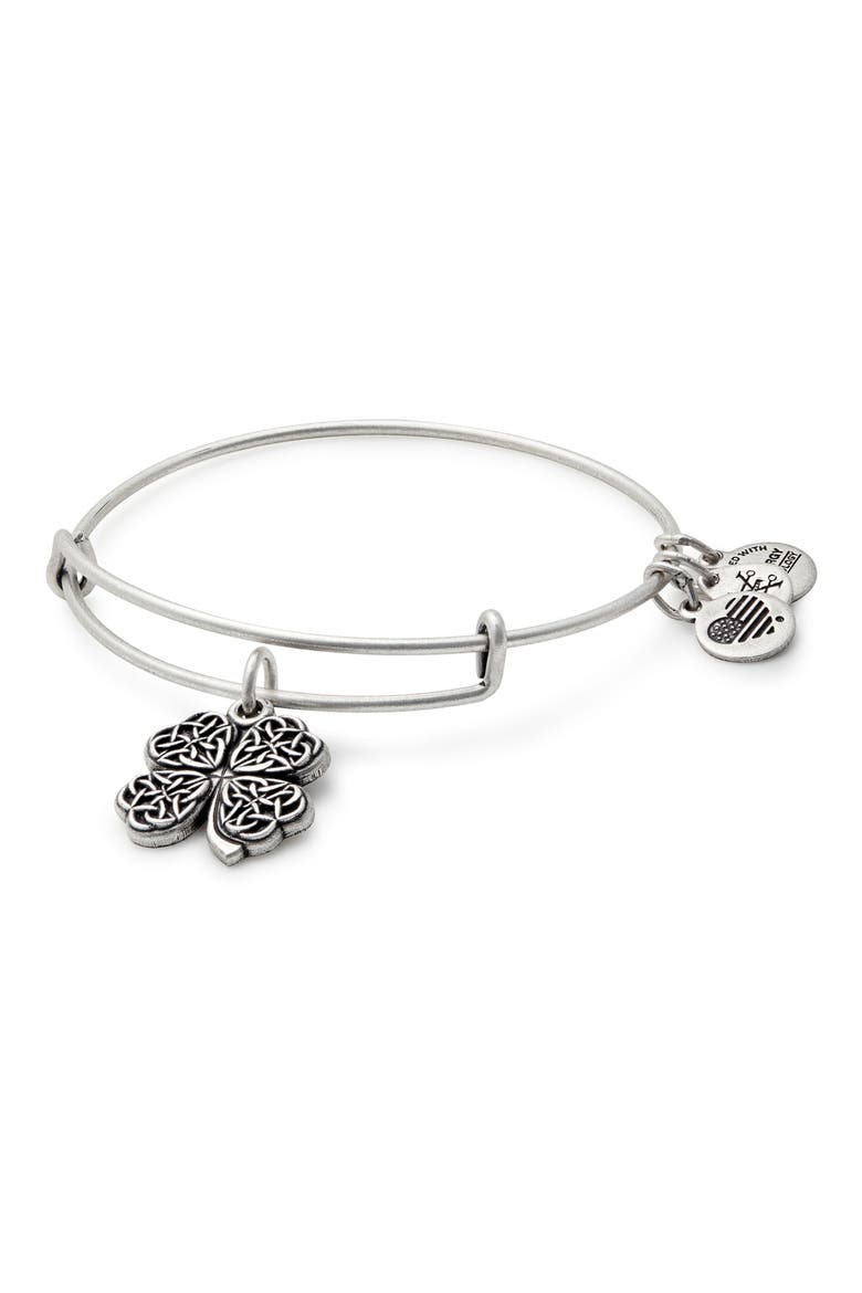 Four-Leaf Clover Adjustable Wire Bangle, Main, color, RUSSIAN SILVER