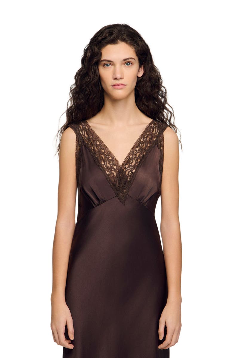 SANDRO Lace collar maxi dress, Alternate, color, Brown