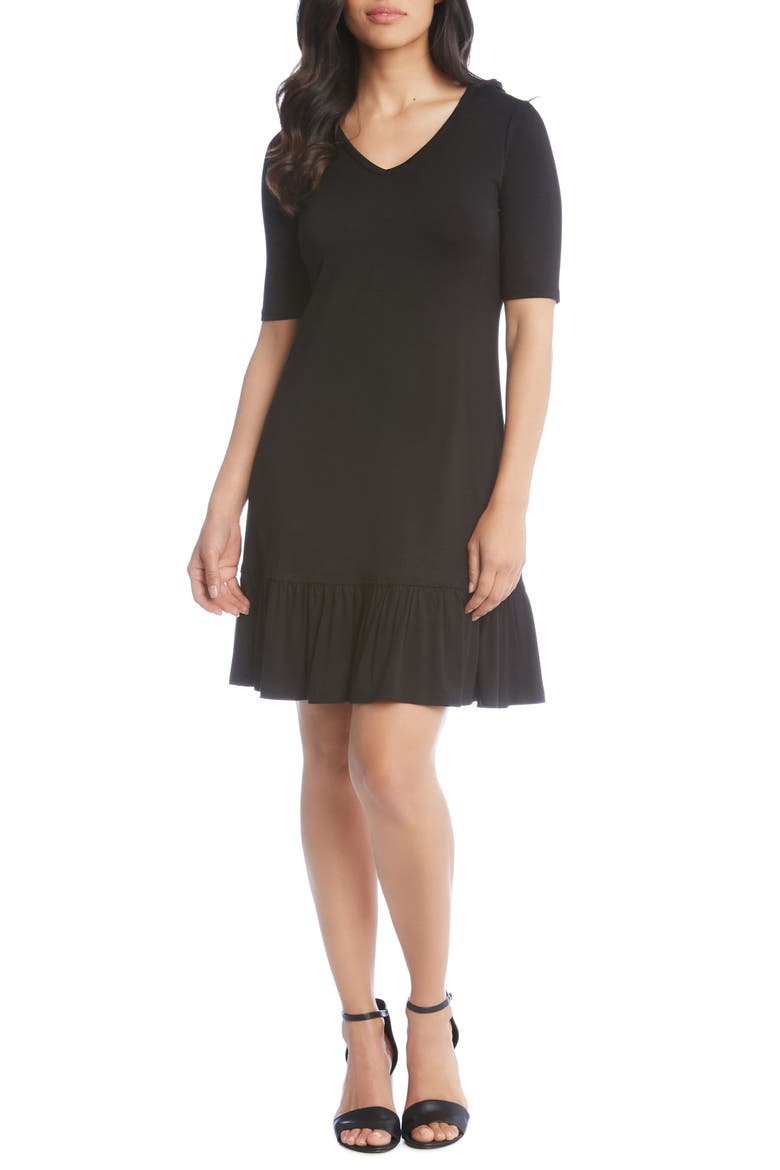 V-Neck Ruffle Hem Dress, Main, color, BLACK