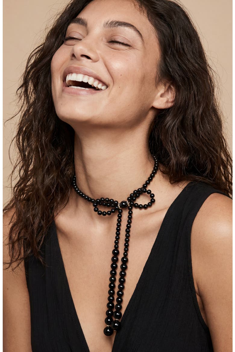 Beaded Bow Necklace, Alternate, color, BLACK
