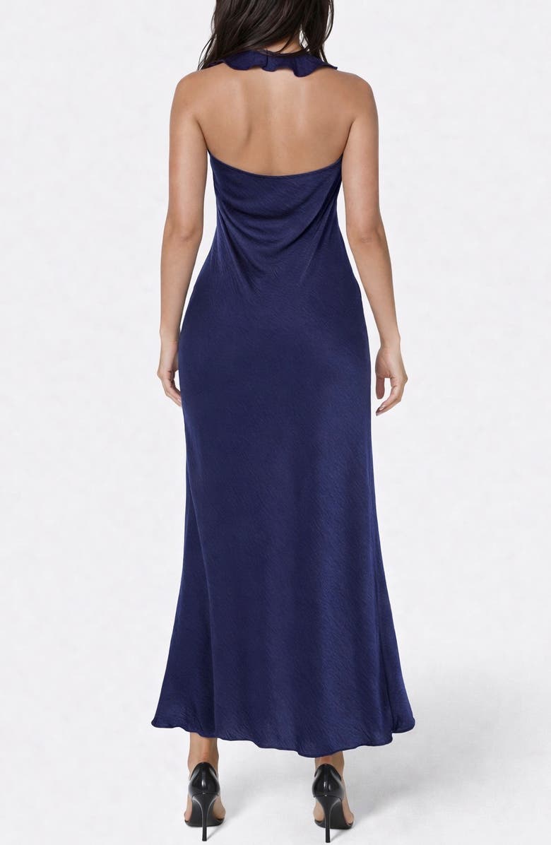 bebe Crushed Satin Ruffle Halter Dress, Alternate, color, Navy