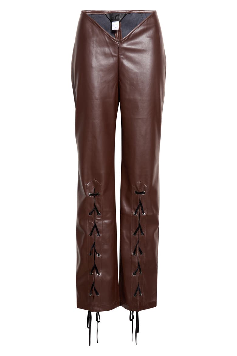 V Line Faux Leather Pants, Main, color, DARK BROWN