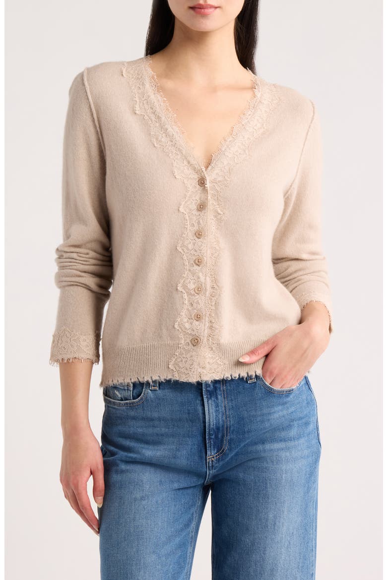 Ruby Lace Trim Cashmere Cardigan, Alternate, color, PEBBLE