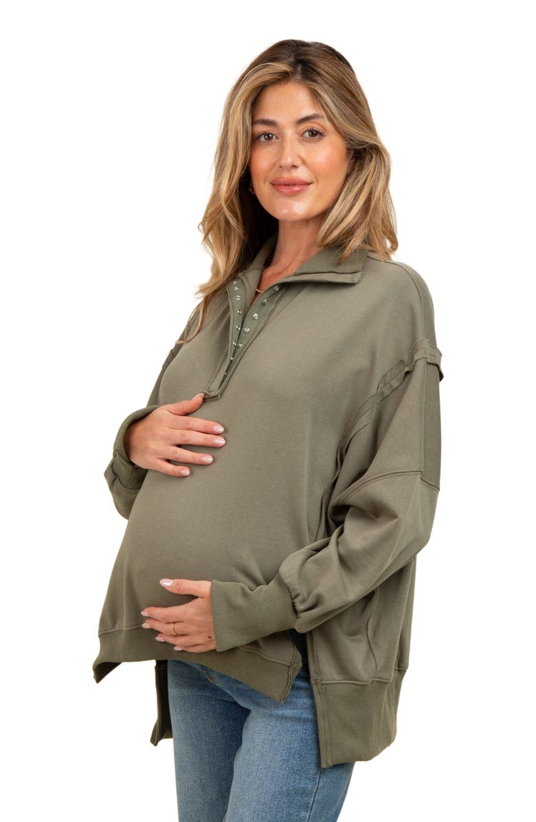 PinkBlush Snap Button Pullover Henley Sweatshirt, Alternate, color, Olive Green