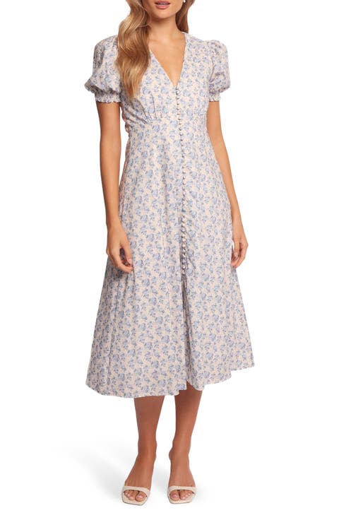 Logen Floral Puff Sleeve Cotton Midi Dress