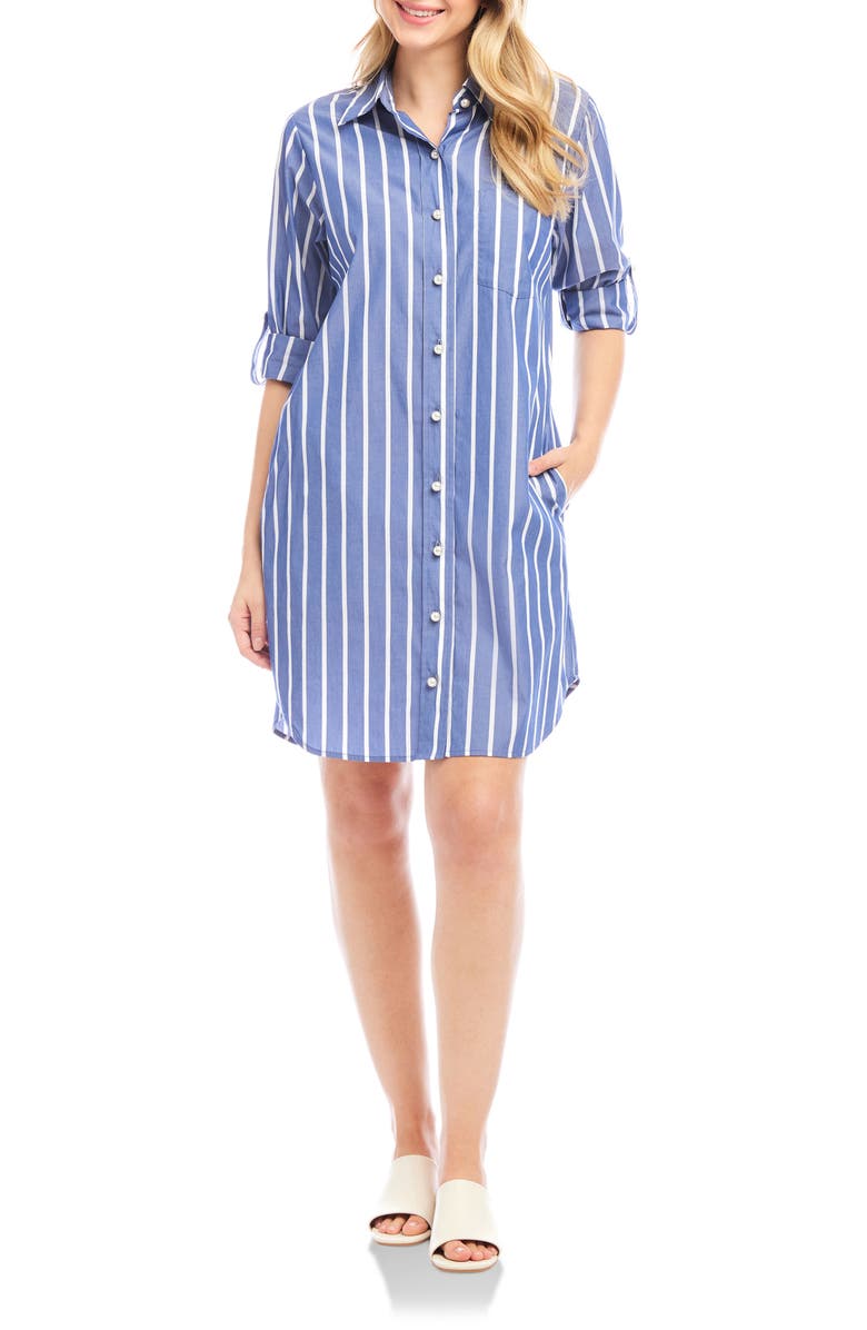 Karen Kane Stripe Long Sleeve Cotton Shirtdress, Main, color, Blue/ White Stripe