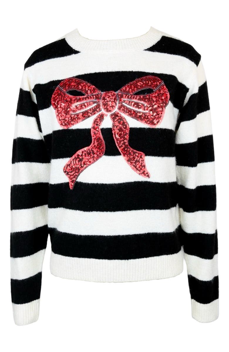 Zunie Kids' Sequin Bow Stripe Sweater, Main, color, Ivory/ Black