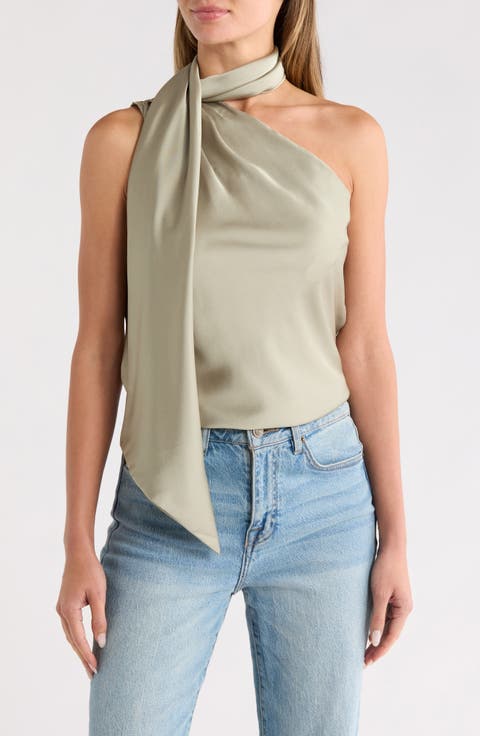 Scarf Detail One-Shoulder Satin Top
