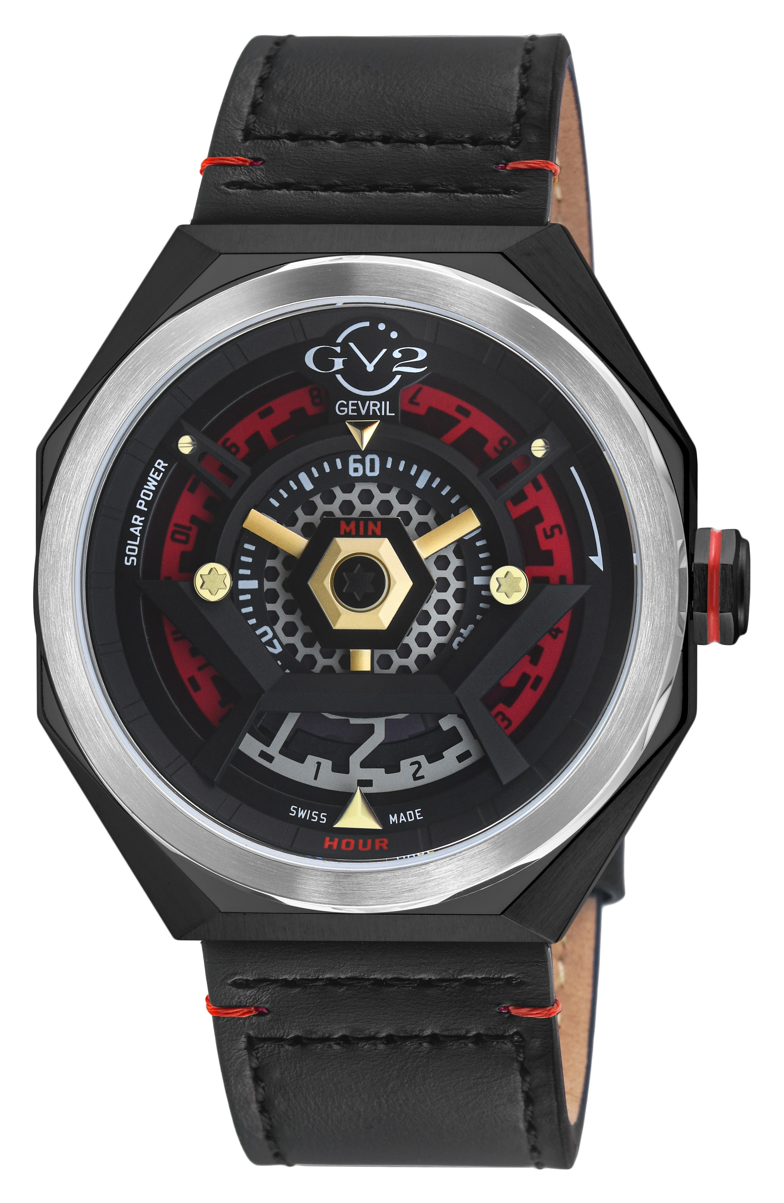 GV2 Stella Solare Power Leather Strap Watch, 44mm
