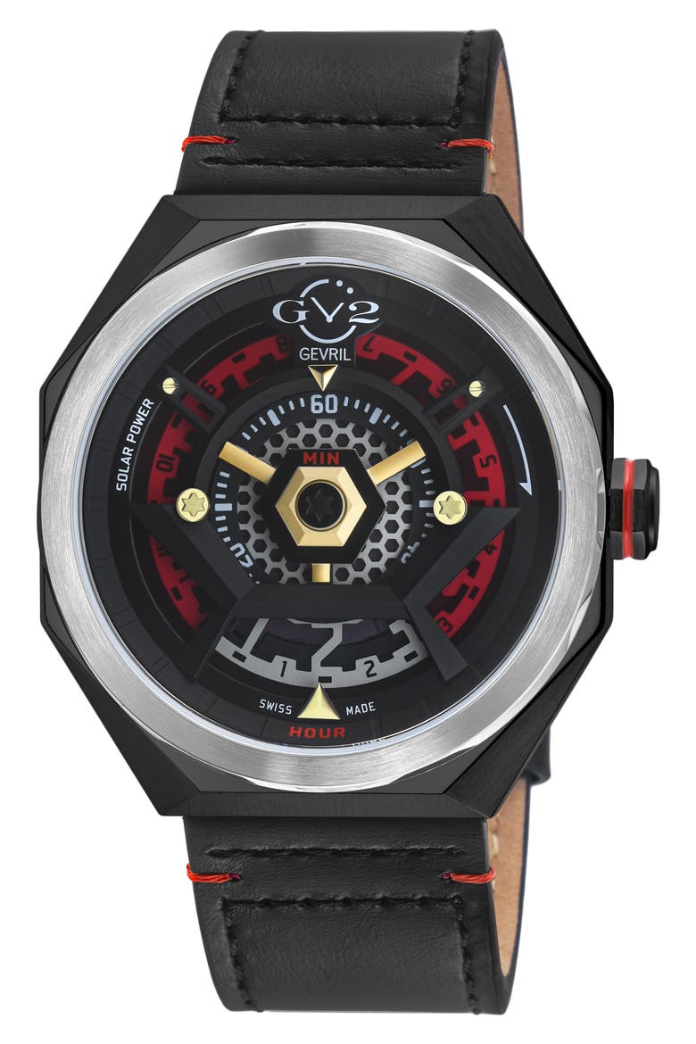Stella Solare Power Leather Strap Watch, 44mm, Main, color, BLACK/RED