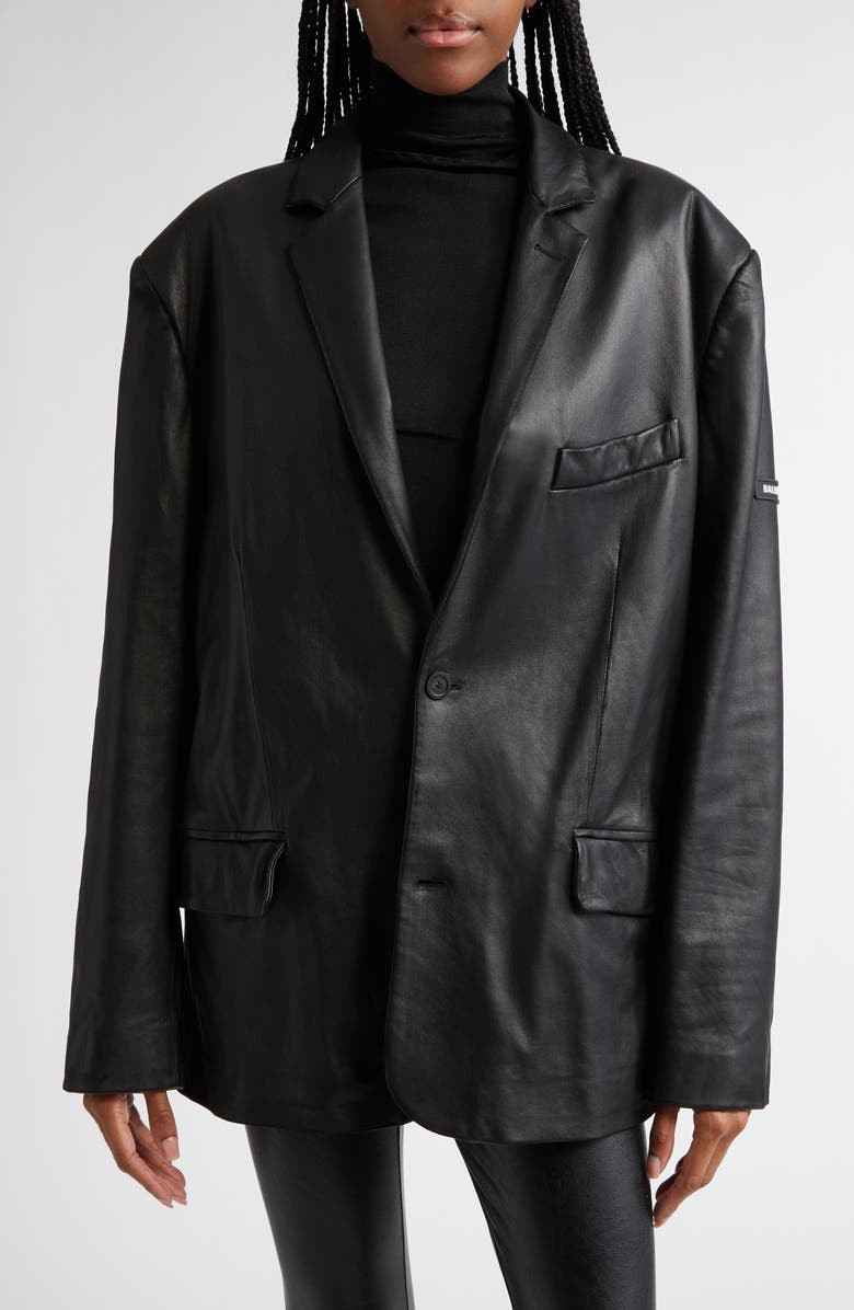 Balenciaga Logo Patch Oversize Lambskin Leather Blazer, Main, color, 