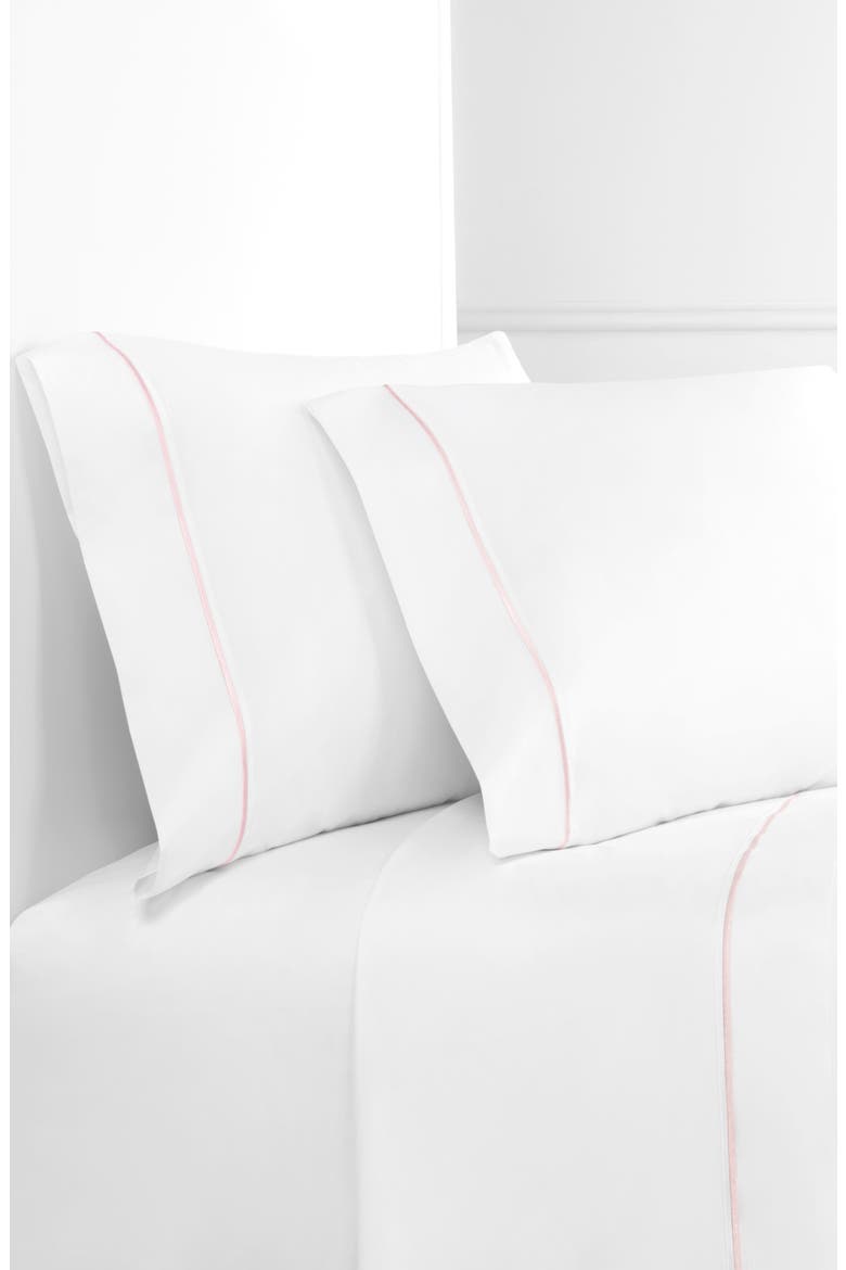 Single Stripe Embroidered 300 Thread Count Cotton Percale Sheet Set, Main, color, ROSE/WHITE