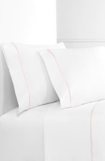 Melange Home Single Stripe Embroidered 300 Thread Count Cotton Percale Sheet Set In White