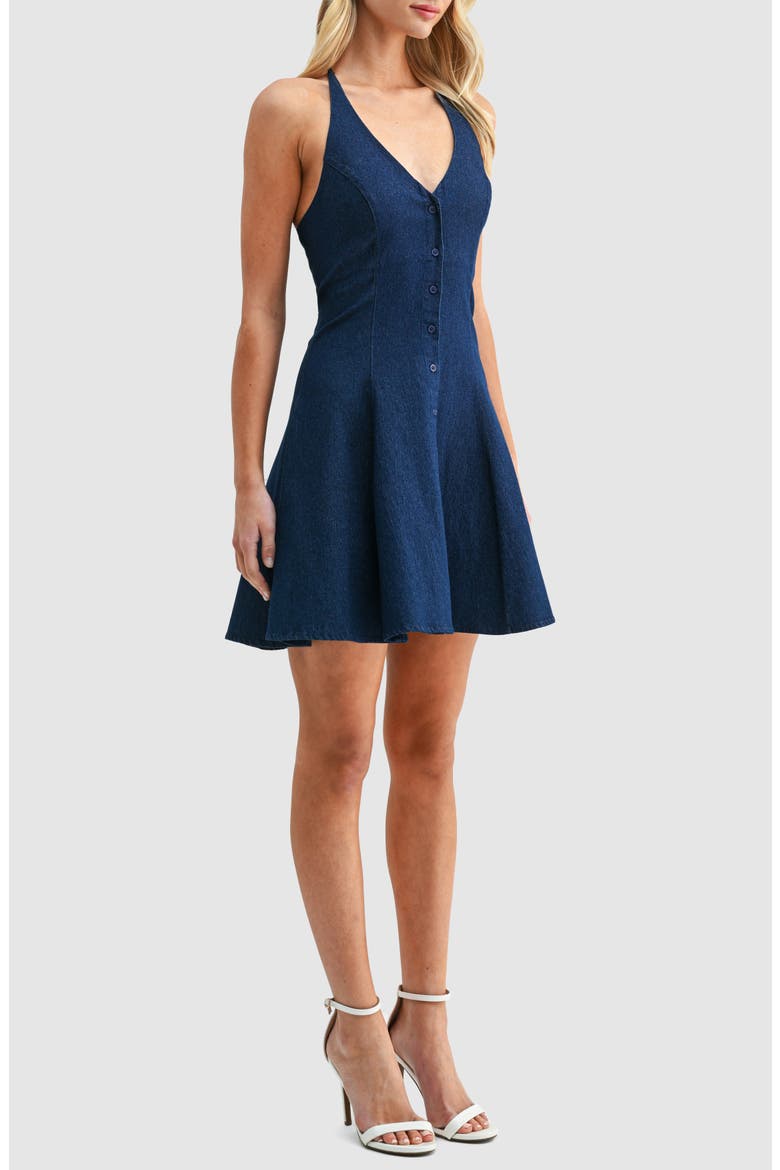 Denim Halter Minidress, Alternate, color, DARK DENIM