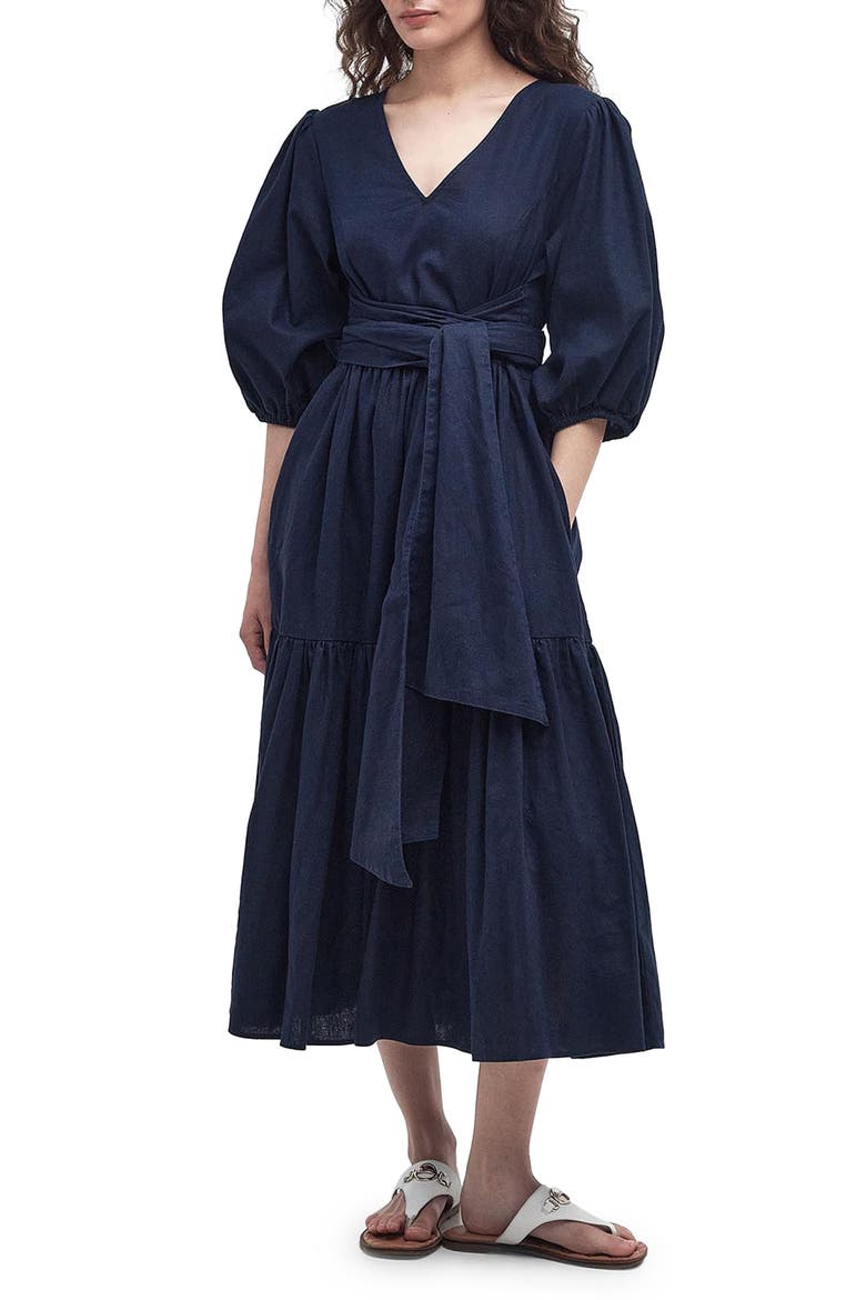 Annie Puff Sleeve Linen & Cotton Midi Dress, Alternate, color, NAVY
