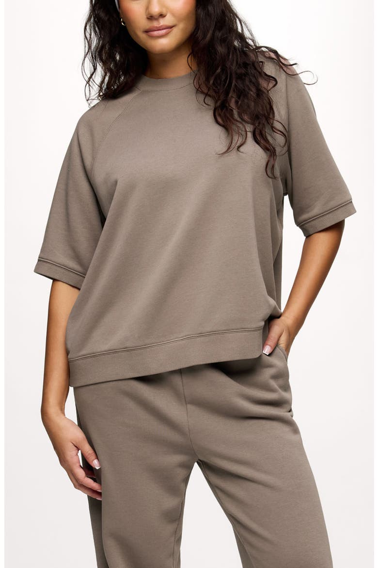 Elbow-Sleeve Cotton Blend French Terry Sweatshirt, Main, color, COCOA